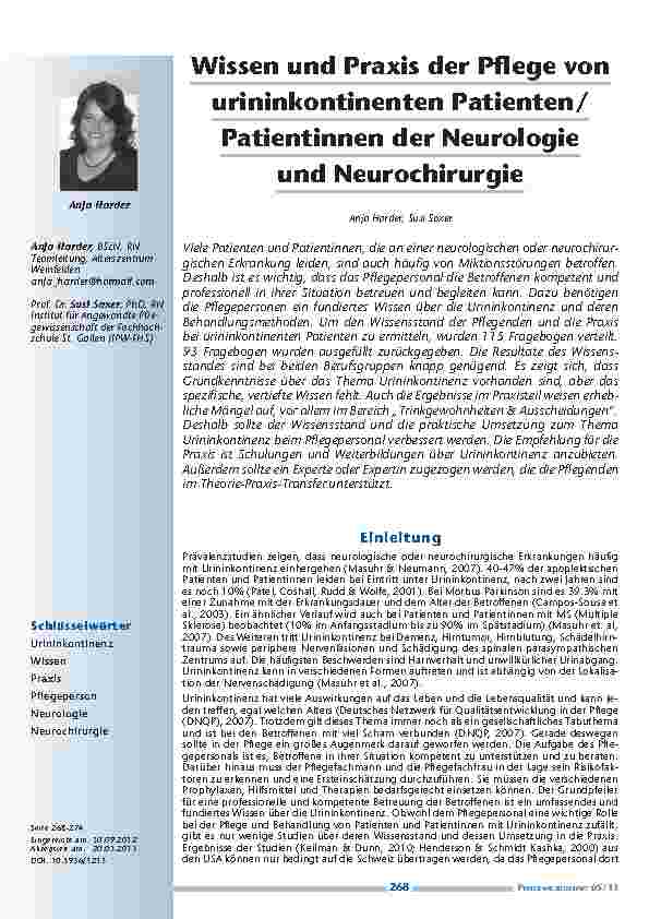 Wissen und Praxis der Pflege von urininkontinenten Patienten/Patientinnen der Neurologie und Neurochirurgie
