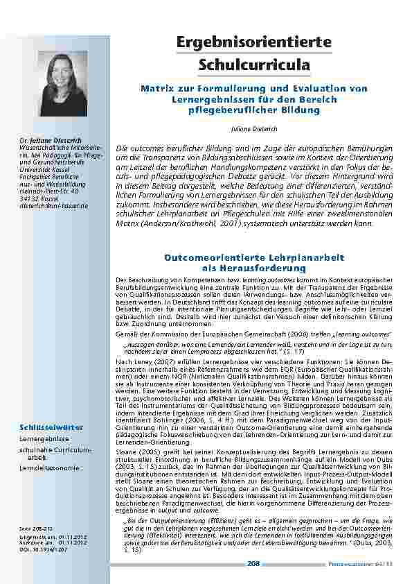 Ergebnisorientierte Schulcurricula – Matrix zur Formulierung und Evaluation von Lernergebnissen für den Bereich pflegeberuflicher Bildung