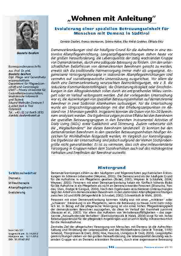 „Wohnen mit Anleitung“ – Evaluierung einer speziellen Betreuungseinheit für Menschen mit Demenz in Südtirol