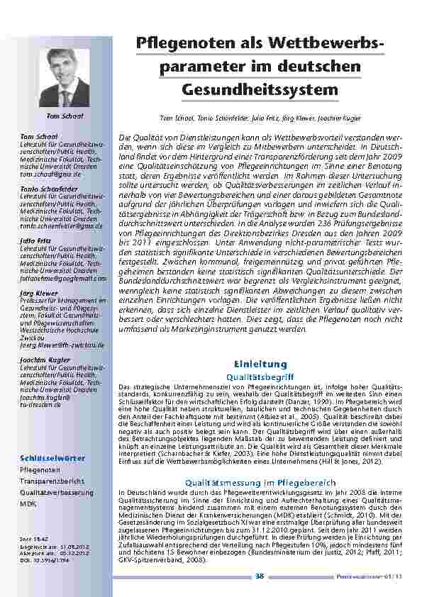 Pflegenoten als Wettbewerbsparameter im deutschen Gesundheitssystem