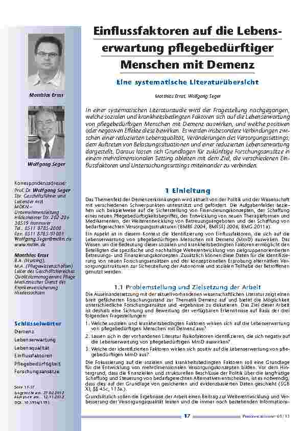 Einflussfaktoren auf die Lebenserwartung pflegebedürftiger – Menschen mit Demenz Eine systematische Literaturübersicht