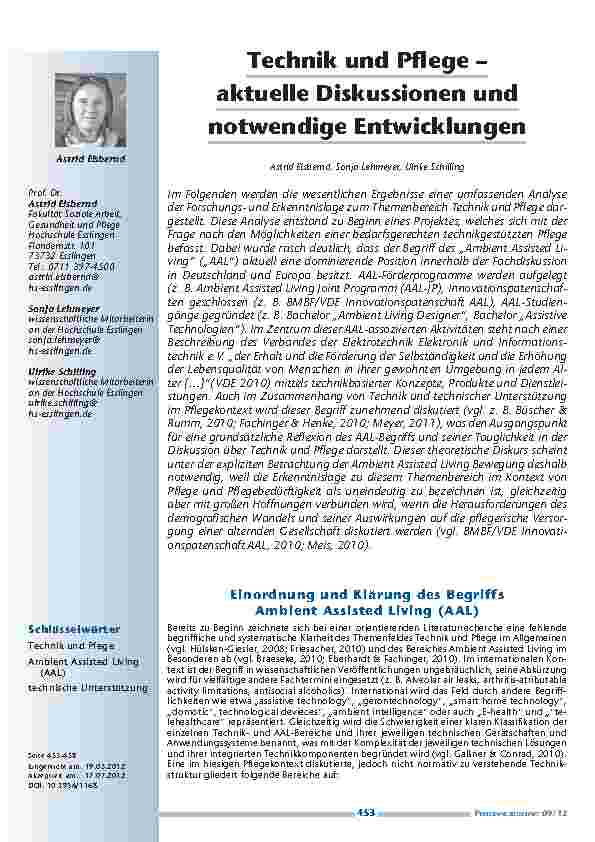 Technik und Pflege – aktuelle Diskussionen und notwendige Entwicklungen