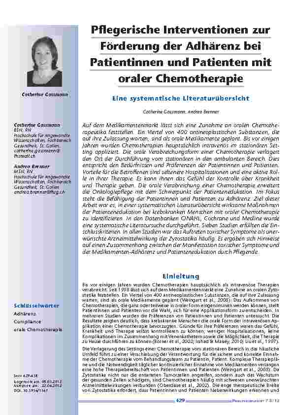 Pflegerische Interventionen zur Förderung der Adhärenz bei Patientinnen und Patienten mit oraler Chemotherapie - Eine systematische Literaturübersicht