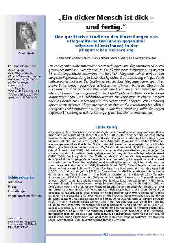 „Ein dicker Mensch ist dick – und fertig.“ Eine qualitative Studie zu den Einstellungen von Pflegemitarbeiter(innen) gegenüber adipösen Klient(innen) in der pflegerischen Versorgung
