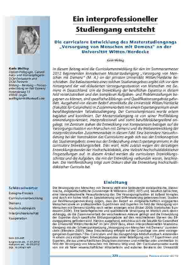 Ein interprofessioneller Studiengang entsteht - Die curriculare Entwicklung des Masterstudiengangs „Versorgung von Menschen mit Demenz“ an der Universität Witten/Herdecke