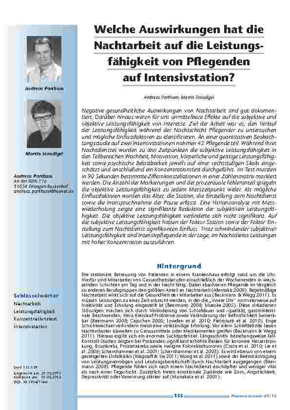 Welche Auswirkungen hat die Nachtarbeit auf die Leistungsfähigkeit von Pflegenden auf Intensivstation?