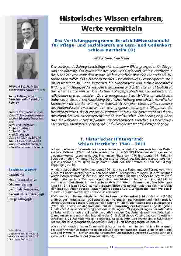 Historisches Wissen erfahren, Werte vermitteln - Das Vertiefungsprogramm BerufsbildMenschenbild für Pflegeund Sozialberufe am Lernund Gedenkort Schloss Hartheim (Ö)