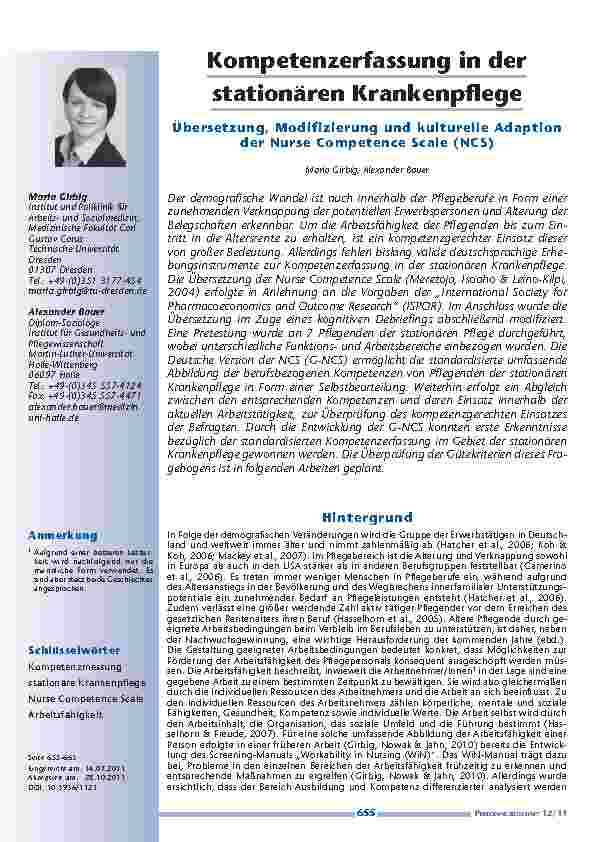 Kompetenzerfassung in der stationären Krankenpflege - Übersetzung, Modifizierung und kulturelle Adaption der Nurse Competence Scale (NCS)