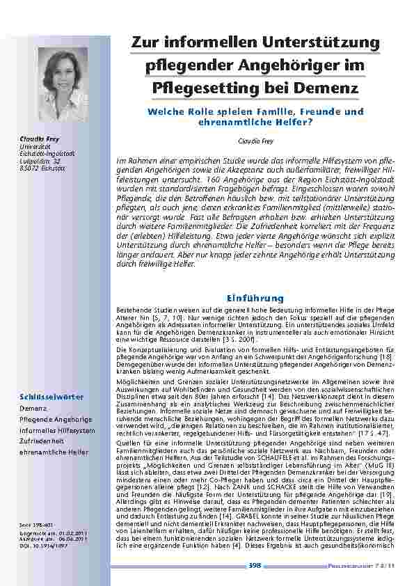 Zur informellen Unterstützung pflegender Angehöriger im Pflegesetting bei Demenz. Welche Rolle spielen Familie, Freunde und ehrenamtliche Helfer?