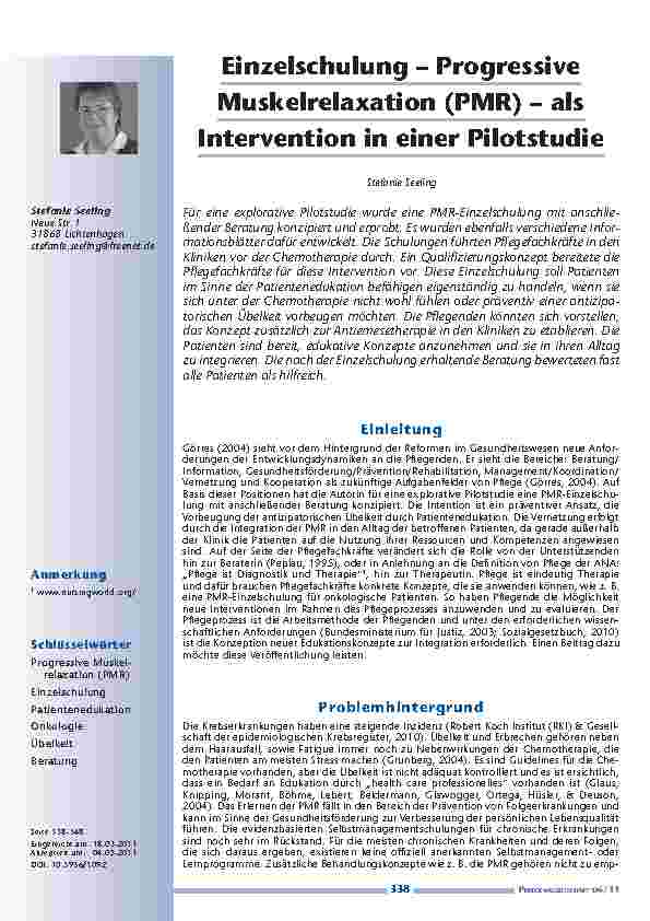 Einzelschulung – Progressive Muskelrelaxation (PMR) – als Intervention in einer Pilotstudie
