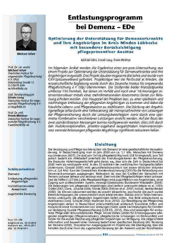 Entlastungsprogramm bei Demenz – EDe. Optimierung der Unterstützung für Demenzerkrankte und ihre Angehörigen im Kreis Minden-Lübbecke mit besonderer Berücksichtigung pflegepräventiver Ansätze