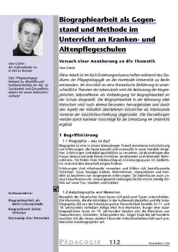 Biographiearbeit als Gegen-stand und Methode im Unterricht an Krankenund Altenpflegeschulen
