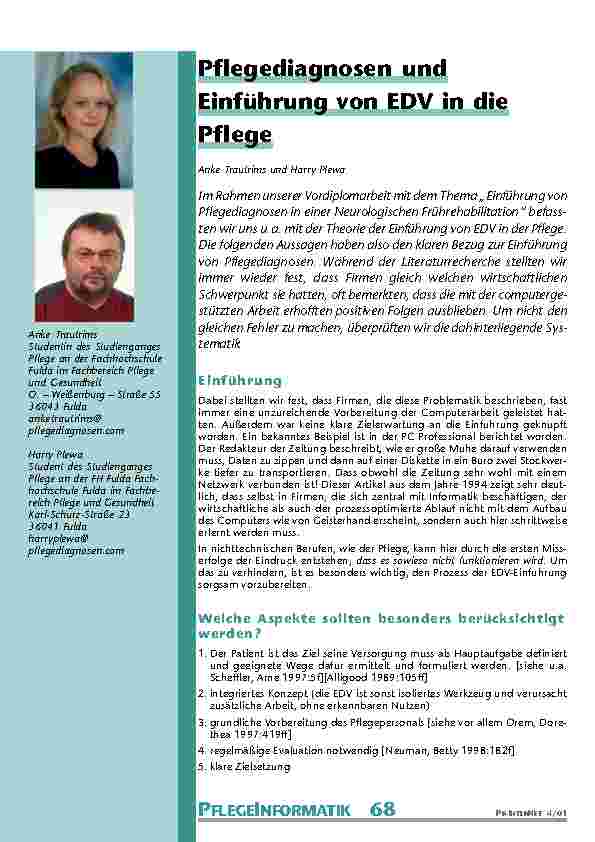 Pflegediagnosen und Einführung von EDV in die Pflege