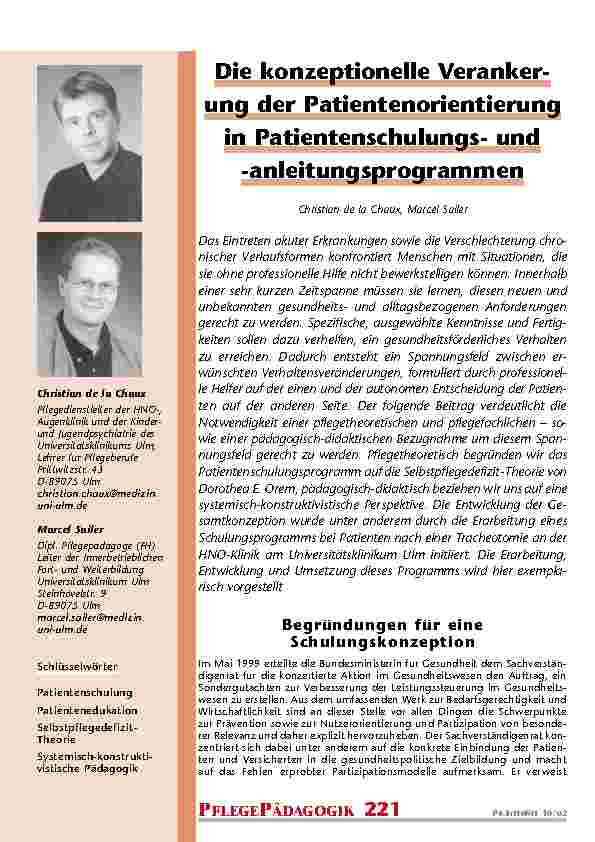 Die konzeptionelle Verankerung der Patientenorientierung in Patientenschulungsund -anleitungsprogrammen