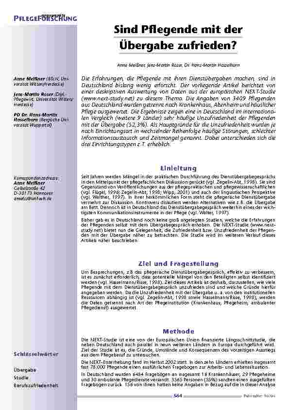 Sind Pflegende mit derÜbergabe zufrieden?
