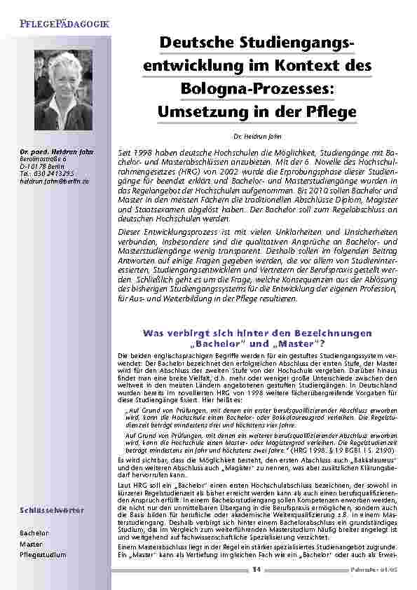 Deutsche Studiengangsentwicklungim Kontext desBologna-Prozesses: Umsetzung in der Pflege