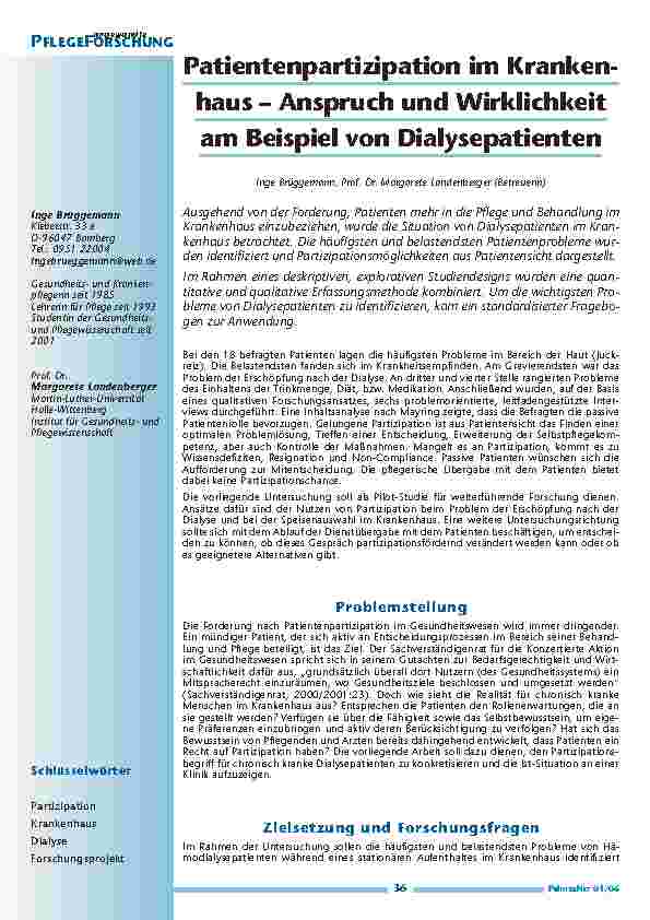 Patientenpartizipation im Krankenhaus – Anspruch und Wirklichkeitam Beispiel von Dialysepatienten