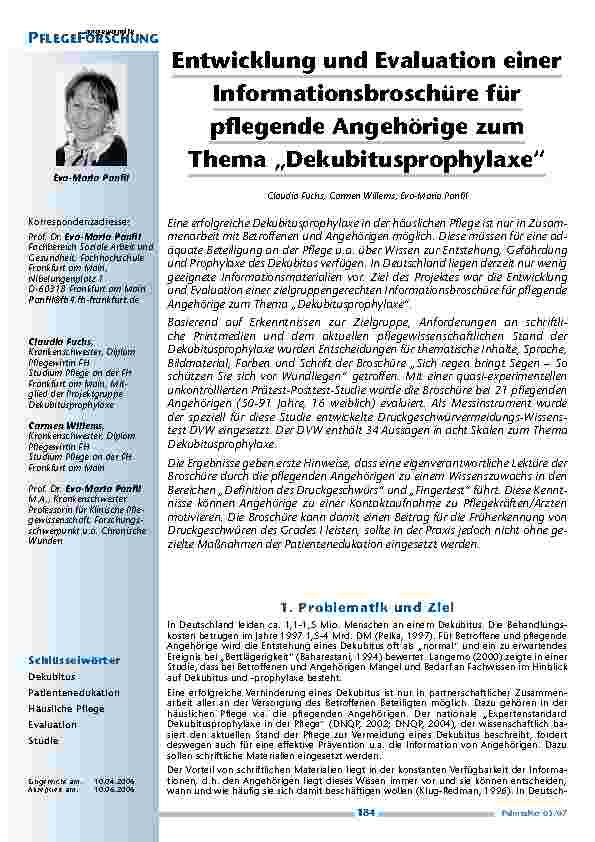 Entwicklung und Evaluation einerInformationsbroschüre fürpflegende Angehörige zumThema „Dekubitusprophylaxe“