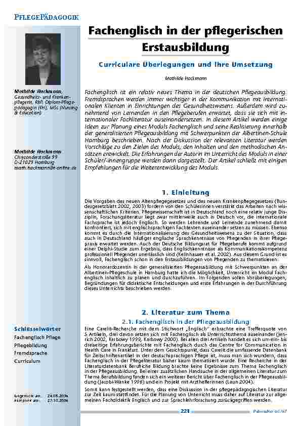 Fachenglisch in der pflegerischenErstausbildung.Curriculare Überlegungen und ihre Umsetzung