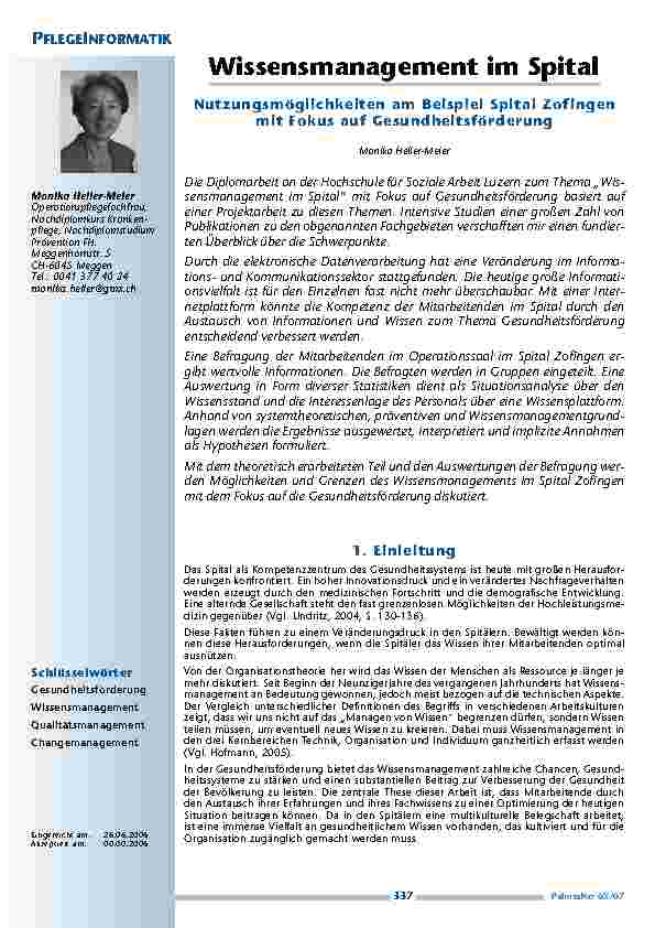 Wissensmanagement im Spital - Nutzungsmöglichkeiten am Beispiel Spital Zofingenmit Fokus auf Gesundheitsförderung