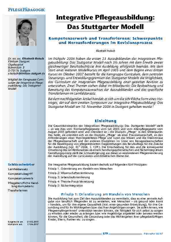 Integrative Pflegeausbildung: Das Stuttgarter Modell - Kompetenzerwerb und Transferlernen: Schwerpunkteund Herausforderungen im Revisionsprozess