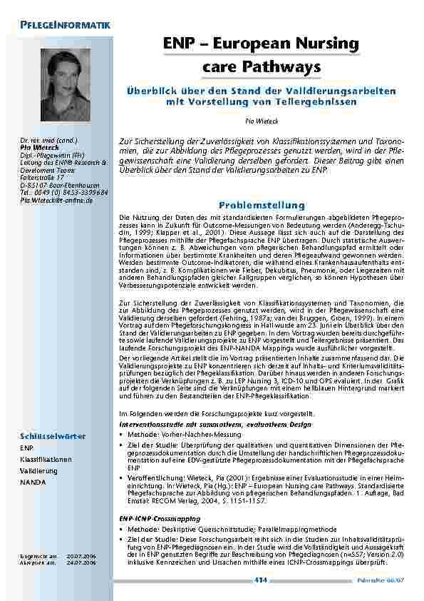 ENP – European Nursing care Pathways:Überblick über den Stand der Validierungsarbeitenmit Vorstellung von Teilergebnissen