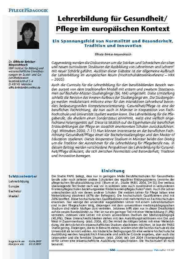 Lehrerbildung für Gesundheit/Pflege im europäischen KontextEin Spannungsfeld von Normalität und Besonderheit,Tradition und Innovation