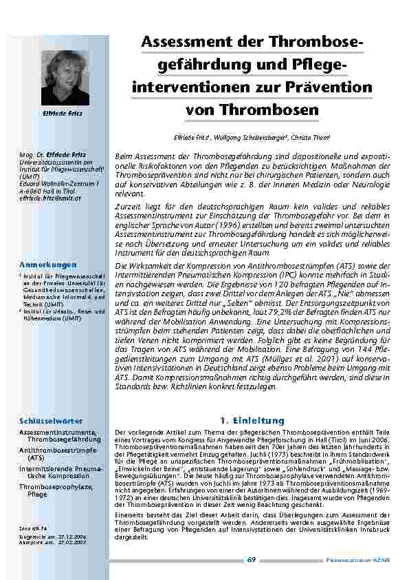 Assessment der Thrombosegefährdungund Pflegeinterventionenzur Präventionvon Thrombosen