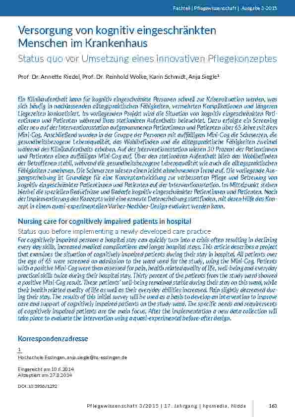 Versorgung von kognitiv eingeschränkten Menschen im KrankenhausrStatus quo vor Umsetzung eines innovativen Pflegekonzeptes