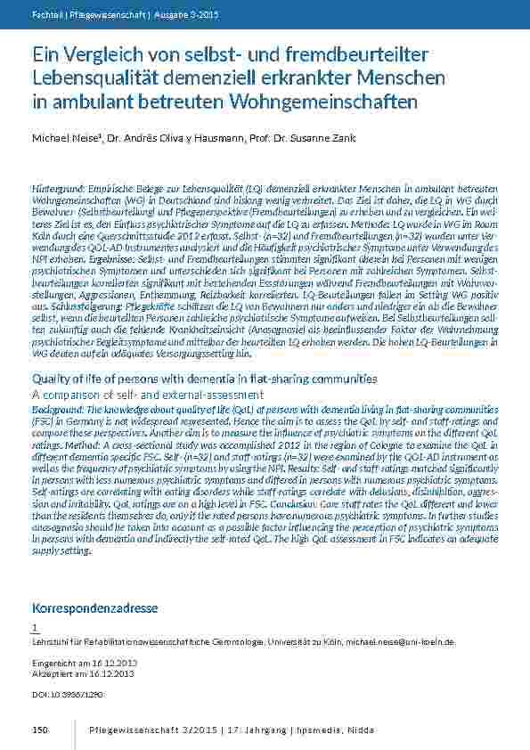 Ein Vergleich von selbstund fremdbeurteilter Lebensqualität demenziell erkrankter Menschen in ambulant betreuten Wohngemeinschaften