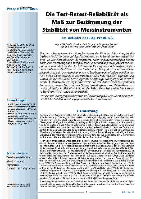 Die Test-Retest-Reliabilität als Maß zur Bestimmung der Stabilität von Messinstrumenten am Beispiel des FAS-PräDiFuß