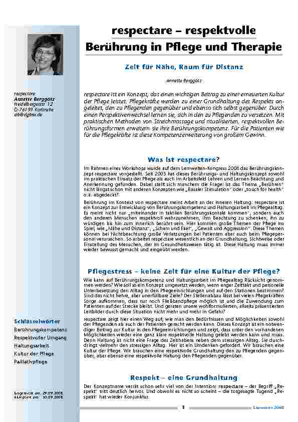 respectare – respektvolle Berührung in Pflege und Therapie – Zeit für Nähe, Raum für Distanz