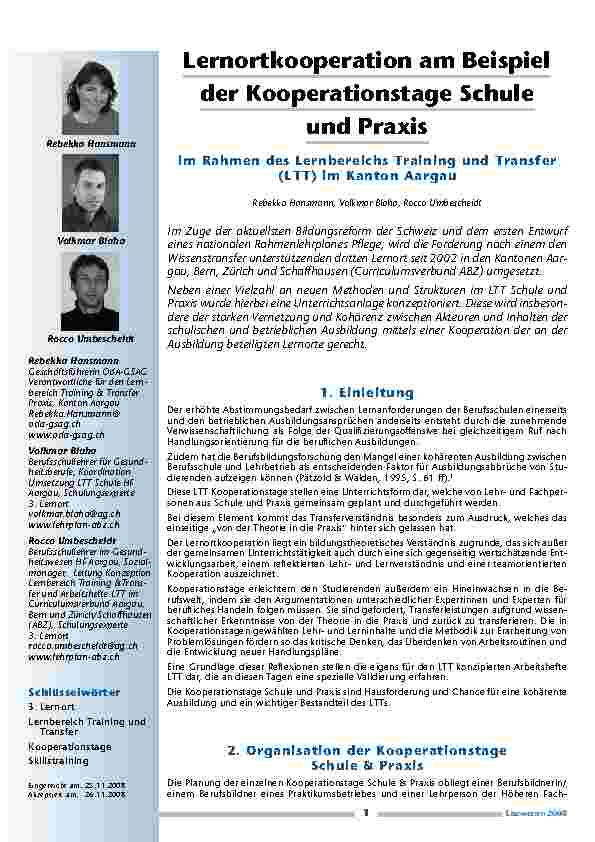 Lernortkooperation am Beispiel der Kooperationstage Schule und Praxis im Rahmen des Lernbereichs Training und Transfer (LTT) im Kanton Aargau