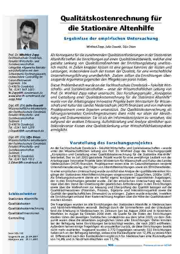 Qualitätskostenrechnung für die Stationäre Altenhilfe – Ergebnisse der empirischen Untersuchung
