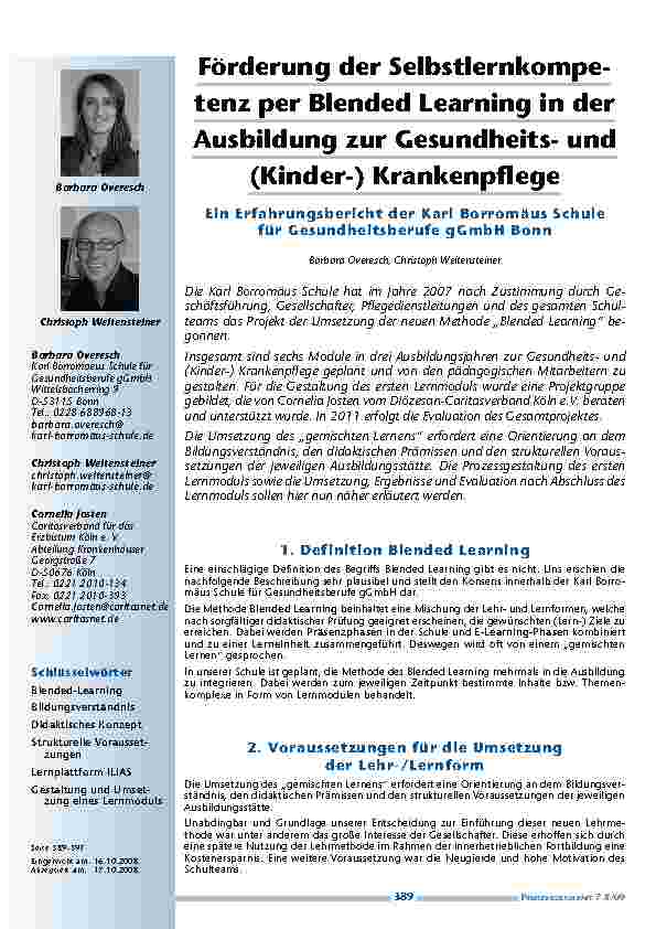 Förderung der Selbstlernkompetenz per Blended Learning in der Ausbildung zur Gesundheitsund (Kinder-) Krankenpflege. Ein Erfahrungsbericht der Karl Borromäus Schule für Gesundheitsberufe gGmbH Bonn