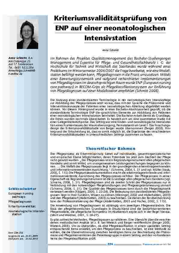 Kriteriumsvaliditätsprüfung von ENP auf einer neonatologischen Intensivstation