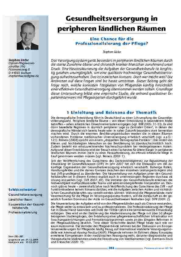 Gesundheitsversorgung in peripheren ländlichen Räumen – Eine Chance für die Professionalisierung der Pflege?