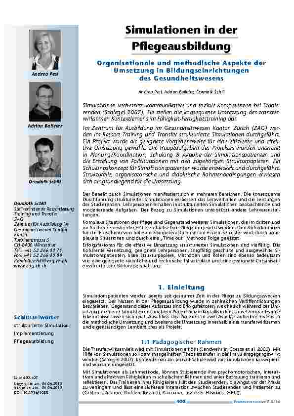 Simulationen in der Pflegeausbildung. Organisationale und methodische Aspekte der Umsetzung in Bildungseinrichtungen des Gesundheitswesens