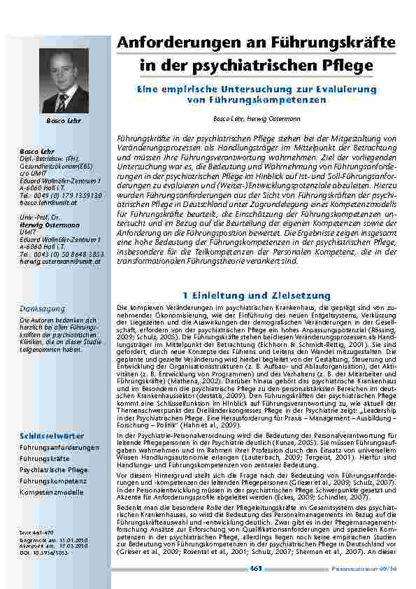 Anforderungen an Führungskräfte in der psychiatrischen Pflege. Eine empirische Untersuchung zur Evaluierung von Führungskompetenzen
