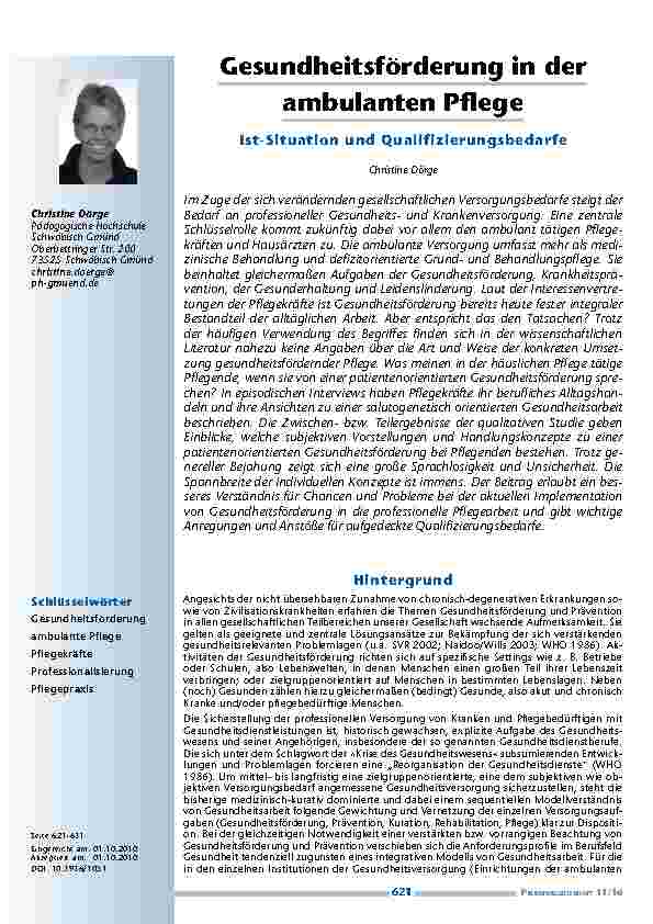 Gesundheitsförderung in der ambulanten Pflege – Ist-Situation und Qualifizierungsbedarfe