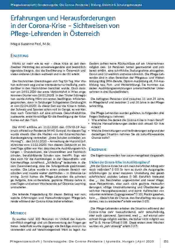 Erfahrungen und Herausforderungen in der Corona-Krise – Sichtweisen von Pflege-Lehrenden in Österreich