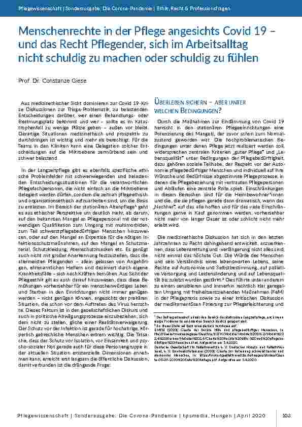 Menschenrechte in der Pflege angesichts Covid-19 – und das Recht Pflegender, sich im Arbeitsalltag nicht schuldig zu machen oder schuldig zu fühlen