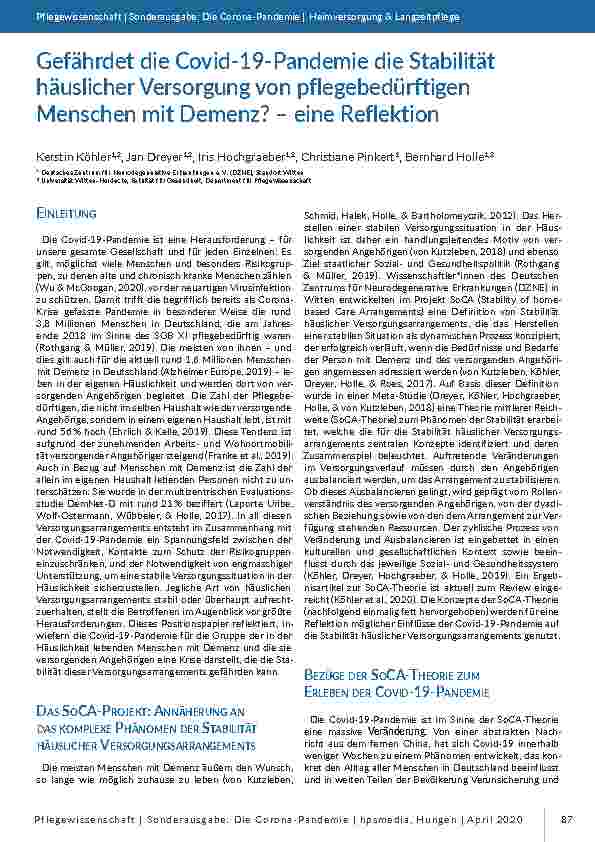 Gefährdet die Covid-19-Pandemie die Stabilität häuslicher Versorgung von pflegebedürftigen Menschen mit Demenz? – eine Reflexion