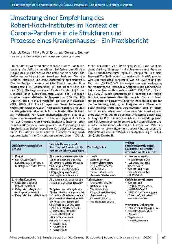 Umsetzung einer Empfehlung des Robert-Koch-Instituts im Kontext der Corona-Pandemie in die Strukturen und Prozesse eines Krankenhauses - Ein Praxisbericht