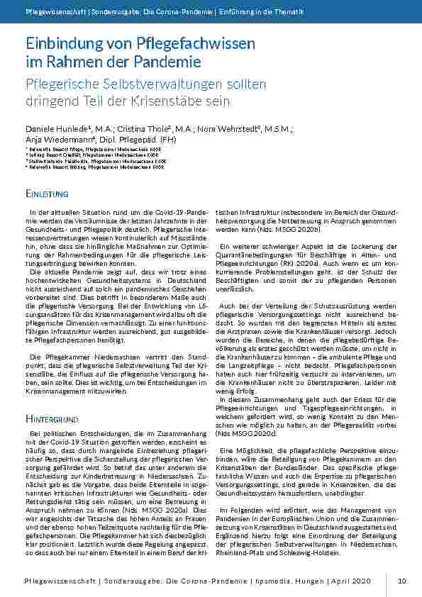 Einbindung von Pflegefachwissen im Rahmen der Pandemie. Pflegerische Selbstverwaltungen sollten dringend Teil der Krisenstäbe sein.