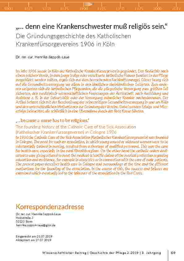 „… denn eine Krankenschwester muss religiös sein.“ Die Gründungsgeschichte des Katholischen Krankenfürsorgevereins 1906 in Köln