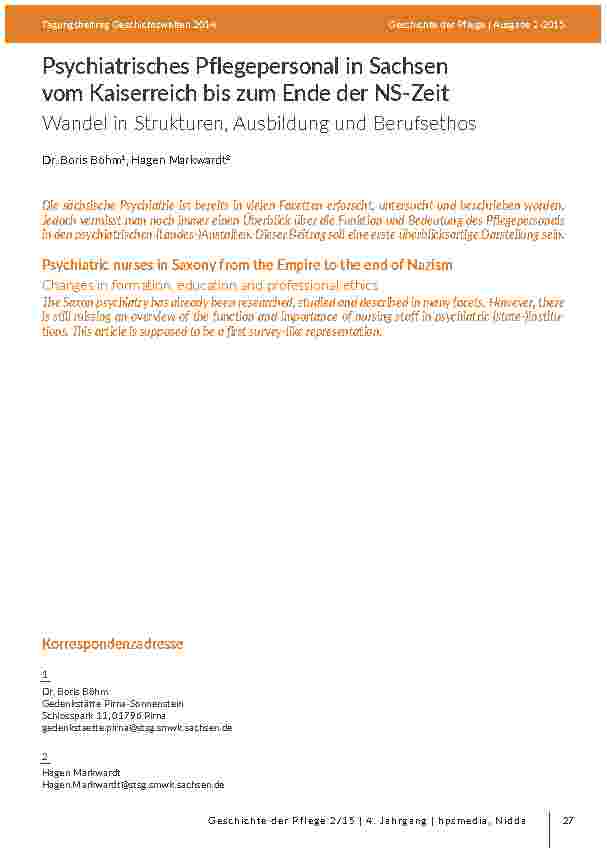 Psychiatrisches Pflegepersonal in Sachsen vom Kaiserreich bis zum Ende der NS-Zeit. Wandel in Strukturen, Ausbildung und Berufsethos