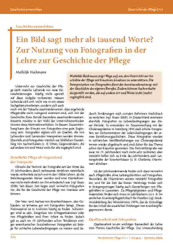 Ein Bild sagt mehr als tausend Worte? Zur Nutzung von Fotografi en in der Lehre zur Geschichte der Pfl ege