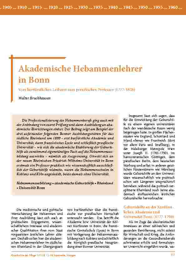 Akademische Hebammenlehrer in Bonn Vom kurfürstlichen Leibarzt zum preußischen Professor (1777-1828)