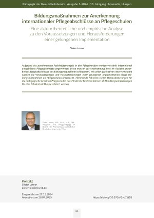 [doc_570981] Bildungsmaßnahmen zur Anerkennung internationaler Pflegeabschlüsse an Pflegeschulen Eine akteurtheoretische und empirische Analyse zu den Voraussetzungen und Herausforderungen einer gelungenen Implementation